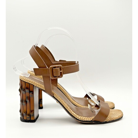 Gucci Shoes - Gucci Bamboo Block Heel Sandals Dahlia Brown Leather Tan Raffia Trim Sz EU 38 8